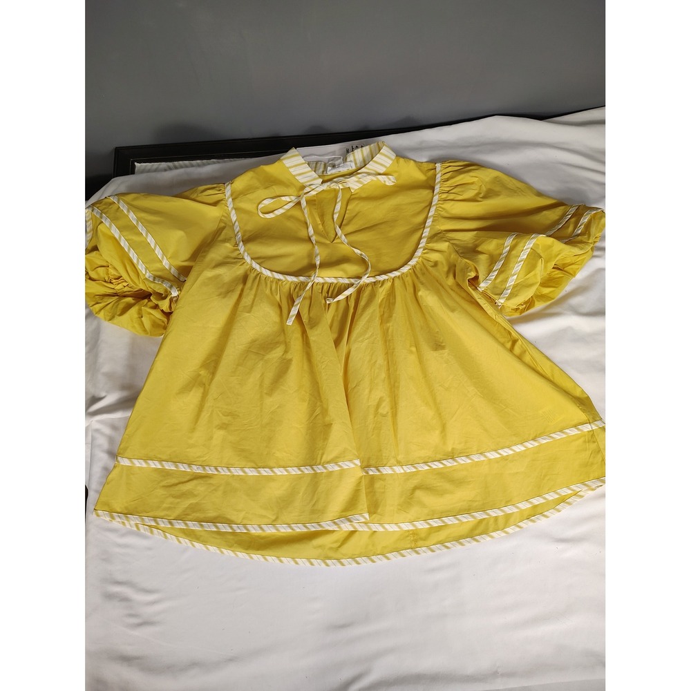 GeeGee Yellow Puff Sleeve‎ Babydoll Top Striped Trim Bow Neck MT51382 Womens L